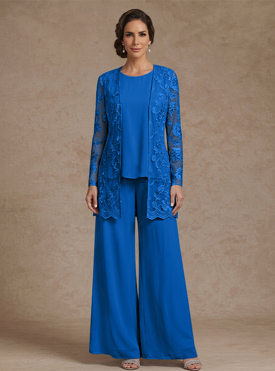Ensemble 3 Morceaux en mousseline, Col Rond, Pantalon de mère de la mariée avec veste, Dentelle Florale, Longueur de la Cheville, Manches Longues
