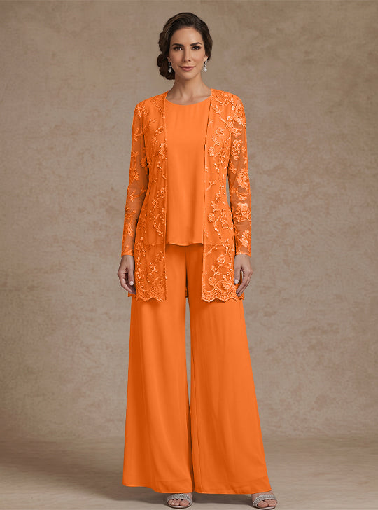 Ensemble 3 Morceaux en mousseline, Col Rond, Pantalon de mère de la mariée avec veste, Dentelle Florale, Longueur de la Cheville, Manches Longues