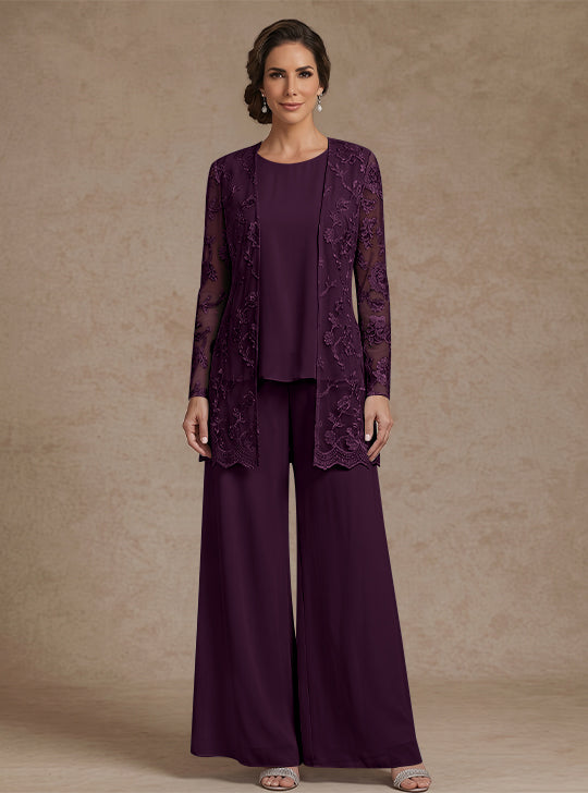 Ensemble 3 Morceaux en mousseline, Col Rond, Pantalon de mère de la mariée avec veste, Dentelle Florale, Longueur de la Cheville, Manches Longues