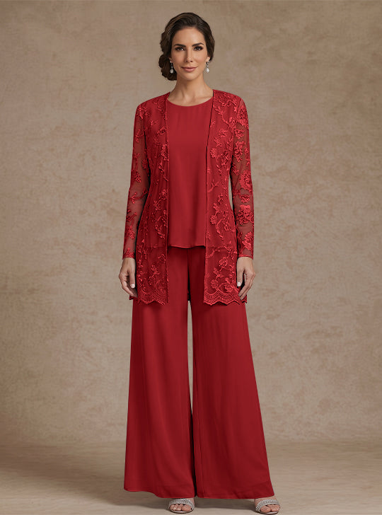 Ensemble 3 Morceaux en mousseline, Col Rond, Pantalon de mère de la mariée avec veste, Dentelle Florale, Longueur de la Cheville, Manches Longues