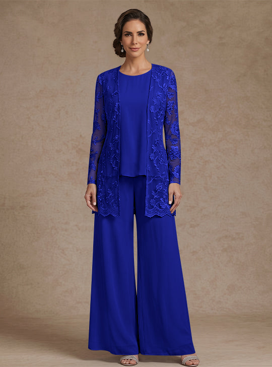 Ensemble 3 Morceaux en mousseline, Col Rond, Pantalon de mère de la mariée avec veste, Dentelle Florale, Longueur de la Cheville, Manches Longues