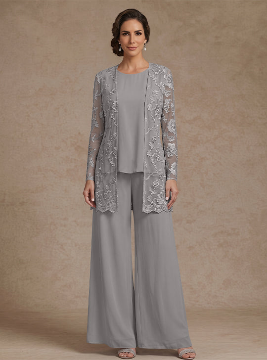 Ensemble 3 Morceaux en mousseline, Col Rond, Pantalon de mère de la mariée avec veste, Dentelle Florale, Longueur de la Cheville, Manches Longues