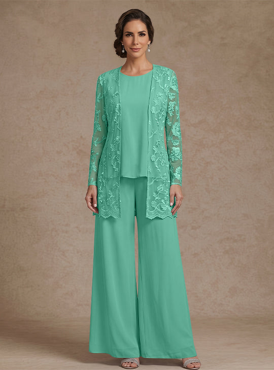 Ensemble 3 Morceaux en mousseline, Col Rond, Pantalon de mère de la mariée avec veste, Dentelle Florale, Longueur de la Cheville, Manches Longues
