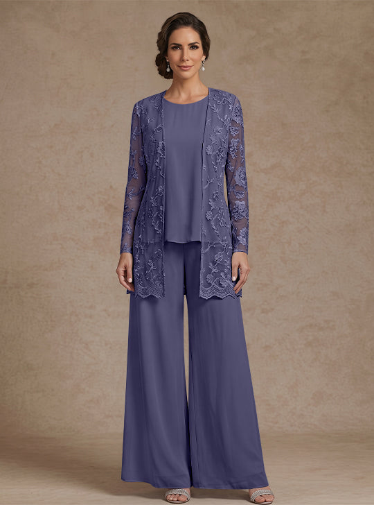 Ensemble 3 Morceaux en mousseline, Col Rond, Pantalon de mère de la mariée avec veste, Dentelle Florale, Longueur de la Cheville, Manches Longues