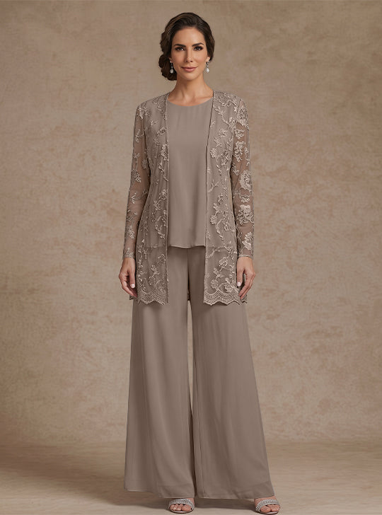 Ensemble 3 Morceaux en mousseline, Col Rond, Pantalon de mère de la mariée avec veste, Dentelle Florale, Longueur de la Cheville, Manches Longues