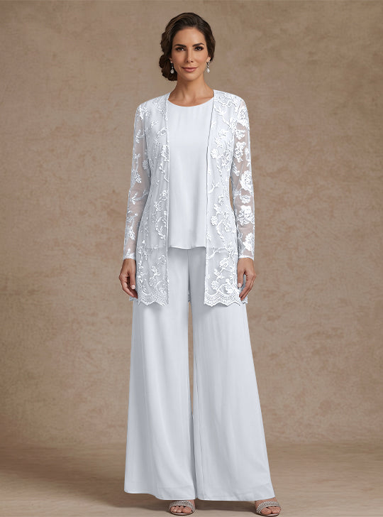 Ensemble 3 Morceaux en mousseline, Col Rond, Pantalon de mère de la mariée avec veste, Dentelle Florale, Longueur de la Cheville, Manches Longues