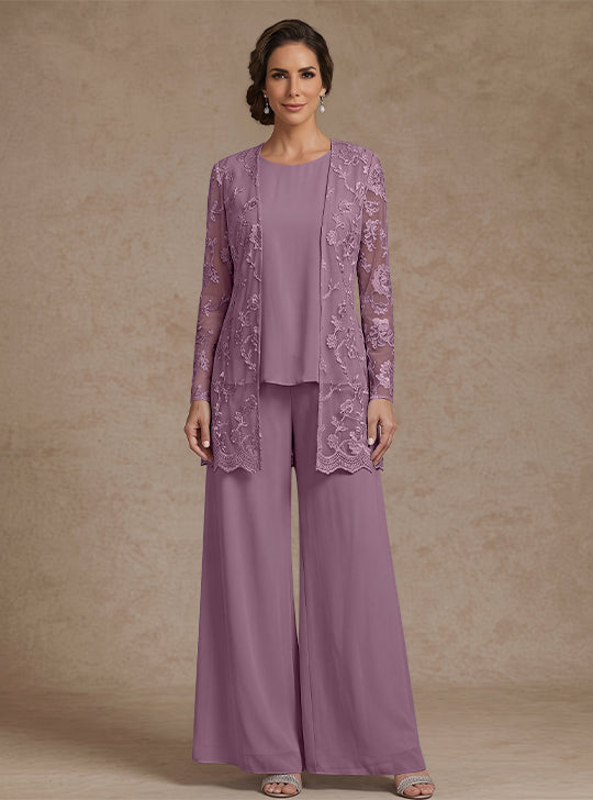 Ensemble 3 Morceaux en mousseline, Col Rond, Pantalon de mère de la mariée avec veste, Dentelle Florale, Longueur de la Cheville, Manches Longues