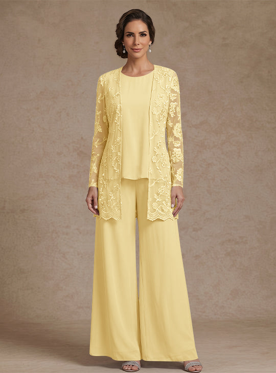 Ensemble 3 Morceaux en mousseline, Col Rond, Pantalon de mère de la mariée avec veste, Dentelle Florale, Longueur de la Cheville, Manches Longues