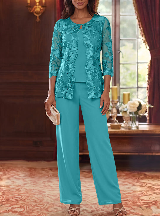 Ensemble 3 Morceaux en Mousseline, Col Rond, Costume-Pantalon pour Mère de la Mariée, avec Veste en Dentelle Fleurie, Longueur Jambière, Manches 3/4