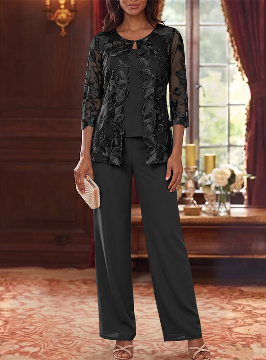 Ensemble 3 Morceaux en Mousseline, Col Rond, Costume-Pantalon pour Mère de la Mariée, avec Veste en Dentelle Fleurie, Longueur Jambière, Manches 3/4