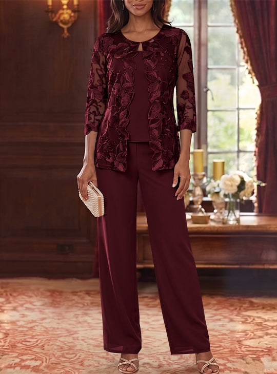 Ensemble 3 Morceaux en Mousseline, Col Rond, Costume-Pantalon pour Mère de la Mariée, avec Veste en Dentelle Fleurie, Longueur Jambière, Manches 3/4