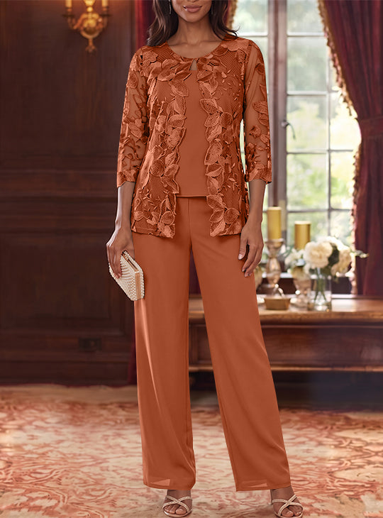 Ensemble 3 Morceaux en Mousseline, Col Rond, Costume-Pantalon pour Mère de la Mariée, avec Veste en Dentelle Fleurie, Longueur Jambière, Manches 3/4