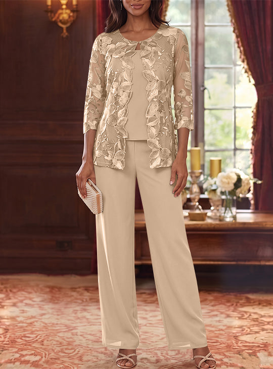 Ensemble 3 Morceaux en Mousseline, Col Rond, Costume-Pantalon pour Mère de la Mariée, avec Veste en Dentelle Fleurie, Longueur Jambière, Manches 3/4