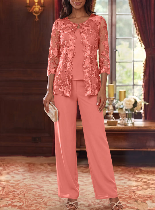 Ensemble 3 Morceaux en Mousseline, Col Rond, Costume-Pantalon pour Mère de la Mariée, avec Veste en Dentelle Fleurie, Longueur Jambière, Manches 3/4