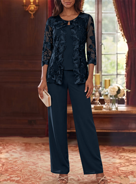 Ensemble 3 Morceaux en Mousseline, Col Rond, Costume-Pantalon pour Mère de la Mariée, avec Veste en Dentelle Fleurie, Longueur Jambière, Manches 3/4