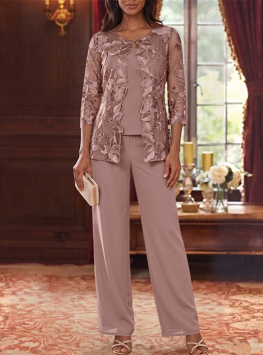 Ensemble 3 Morceaux en Mousseline, Col Rond, Costume-Pantalon pour Mère de la Mariée, avec Veste en Dentelle Fleurie, Longueur Jambière, Manches 3/4