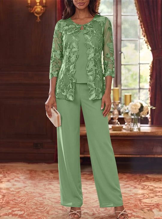 Ensemble 3 Morceaux en Mousseline, Col Rond, Costume-Pantalon pour Mère de la Mariée, avec Veste en Dentelle Fleurie, Longueur Jambière, Manches 3/4