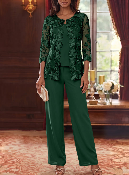 Ensemble 3 Morceaux en Mousseline, Col Rond, Costume-Pantalon pour Mère de la Mariée, avec Veste en Dentelle Fleurie, Longueur Jambière, Manches 3/4