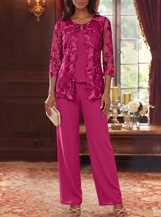 Ensemble 3 Morceaux en Mousseline, Col Rond, Costume-Pantalon pour Mère de la Mariée, avec Veste en Dentelle Fleurie, Longueur Jambière, Manches 3/4