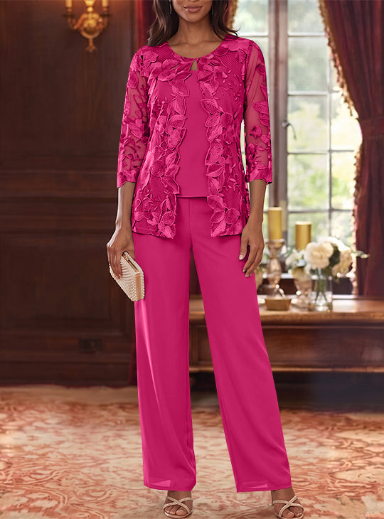 Ensemble 3 Morceaux en Mousseline, Col Rond, Costume-Pantalon pour Mère de la Mariée, avec Veste en Dentelle Fleurie, Longueur Jambière, Manches 3/4