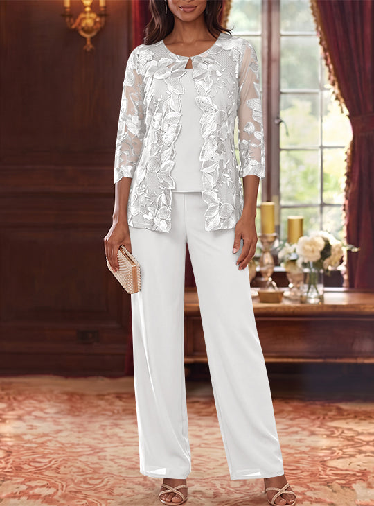 Ensemble 3 Morceaux en Mousseline, Col Rond, Costume-Pantalon pour Mère de la Mariée, avec Veste en Dentelle Fleurie, Longueur Jambière, Manches 3/4