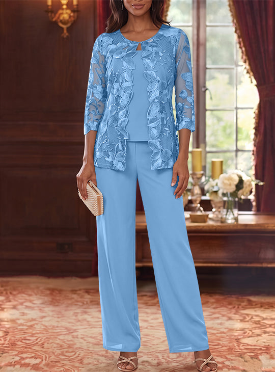 Ensemble 3 Morceaux en Mousseline, Col Rond, Costume-Pantalon pour Mère de la Mariée, avec Veste en Dentelle Fleurie, Longueur Jambière, Manches 3/4