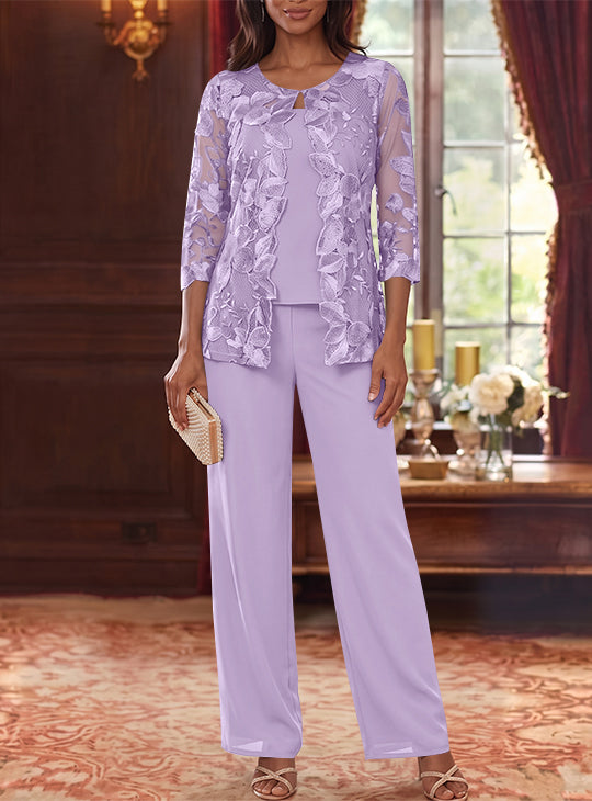 Ensemble 3 Morceaux en Mousseline, Col Rond, Costume-Pantalon pour Mère de la Mariée, avec Veste en Dentelle Fleurie, Longueur Jambière, Manches 3/4