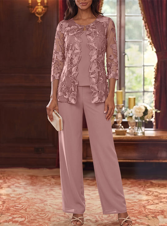 Ensemble 3 Morceaux en Mousseline, Col Rond, Costume-Pantalon pour Mère de la Mariée, avec Veste en Dentelle Fleurie, Longueur Jambière, Manches 3/4