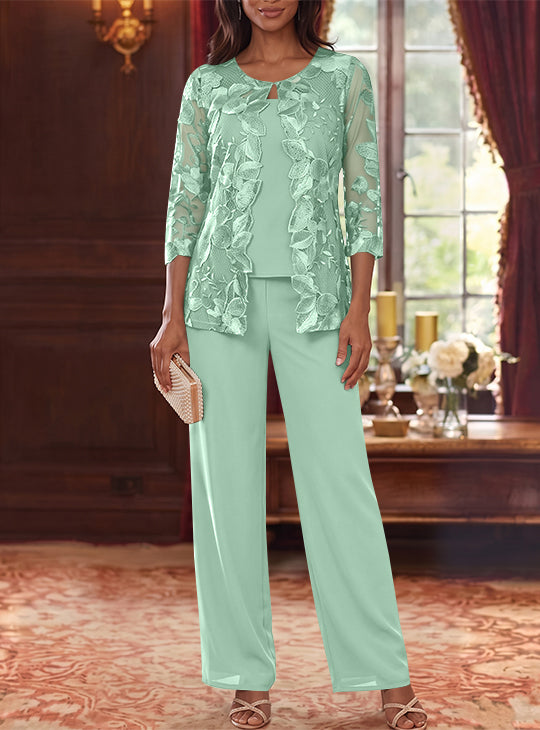 Ensemble 3 Morceaux en Mousseline, Col Rond, Costume-Pantalon pour Mère de la Mariée, avec Veste en Dentelle Fleurie, Longueur Jambière, Manches 3/4