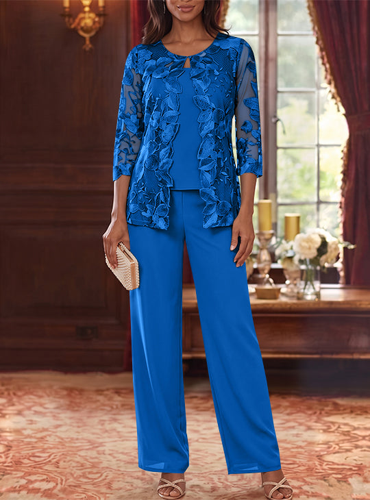 Ensemble 3 Morceaux en Mousseline, Col Rond, Costume-Pantalon pour Mère de la Mariée, avec Veste en Dentelle Fleurie, Longueur Jambière, Manches 3/4