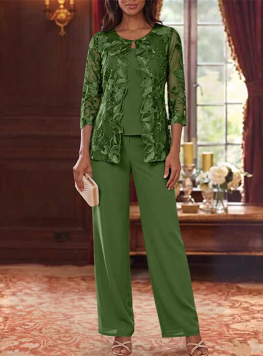 Ensemble 3 Morceaux en Mousseline, Col Rond, Costume-Pantalon pour Mère de la Mariée, avec Veste en Dentelle Fleurie, Longueur Jambière, Manches 3/4