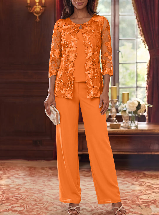 Ensemble 3 Morceaux en Mousseline, Col Rond, Costume-Pantalon pour Mère de la Mariée, avec Veste en Dentelle Fleurie, Longueur Jambière, Manches 3/4