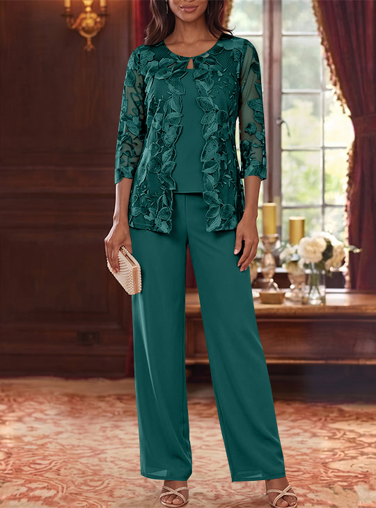 Ensemble 3 Morceaux en Mousseline, Col Rond, Costume-Pantalon pour Mère de la Mariée, avec Veste en Dentelle Fleurie, Longueur Jambière, Manches 3/4
