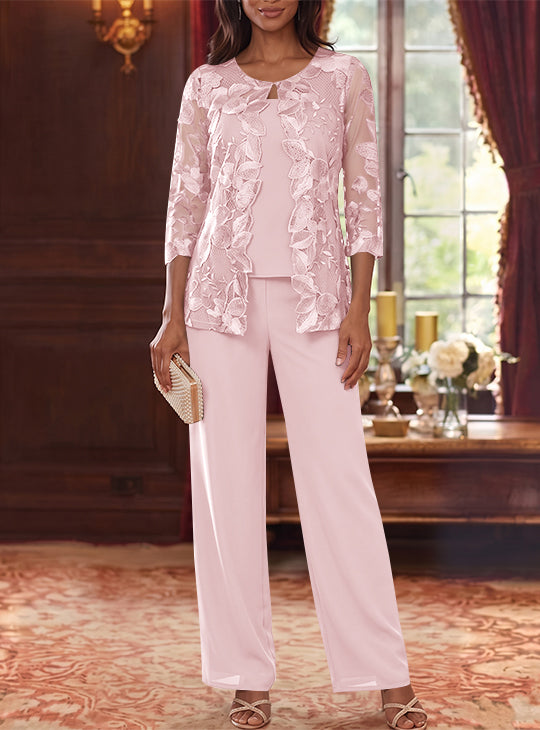 Ensemble 3 Morceaux en Mousseline, Col Rond, Costume-Pantalon pour Mère de la Mariée, avec Veste en Dentelle Fleurie, Longueur Jambière, Manches 3/4