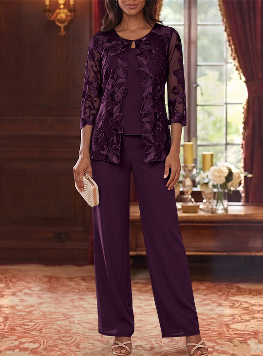 Ensemble 3 Morceaux en Mousseline, Col Rond, Costume-Pantalon pour Mère de la Mariée, avec Veste en Dentelle Fleurie, Longueur Jambière, Manches 3/4