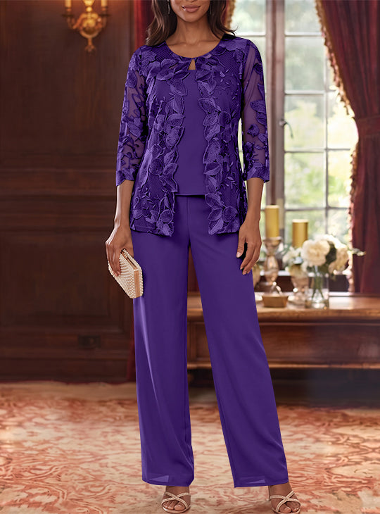 Ensemble 3 Morceaux en Mousseline, Col Rond, Costume-Pantalon pour Mère de la Mariée, avec Veste en Dentelle Fleurie, Longueur Jambière, Manches 3/4
