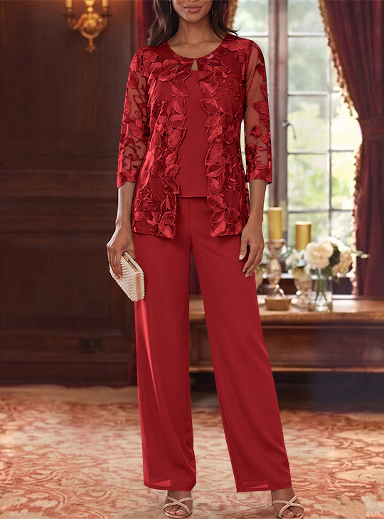 Ensemble 3 Morceaux en Mousseline, Col Rond, Costume-Pantalon pour Mère de la Mariée, avec Veste en Dentelle Fleurie, Longueur Jambière, Manches 3/4