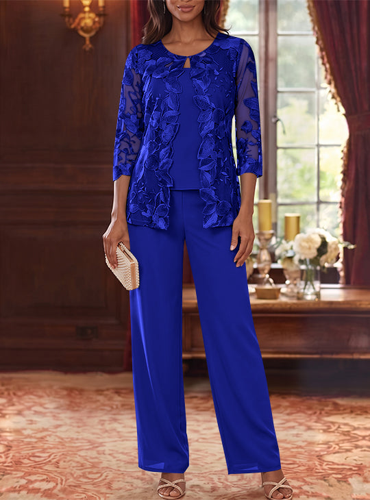 Ensemble 3 Morceaux en Mousseline, Col Rond, Costume-Pantalon pour Mère de la Mariée, avec Veste en Dentelle Fleurie, Longueur Jambière, Manches 3/4