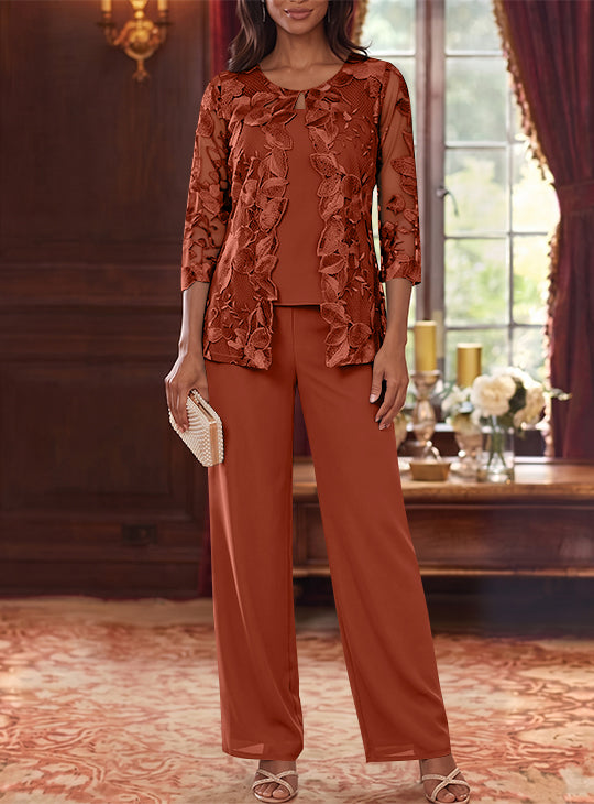 Ensemble 3 Morceaux en Mousseline, Col Rond, Costume-Pantalon pour Mère de la Mariée, avec Veste en Dentelle Fleurie, Longueur Jambière, Manches 3/4