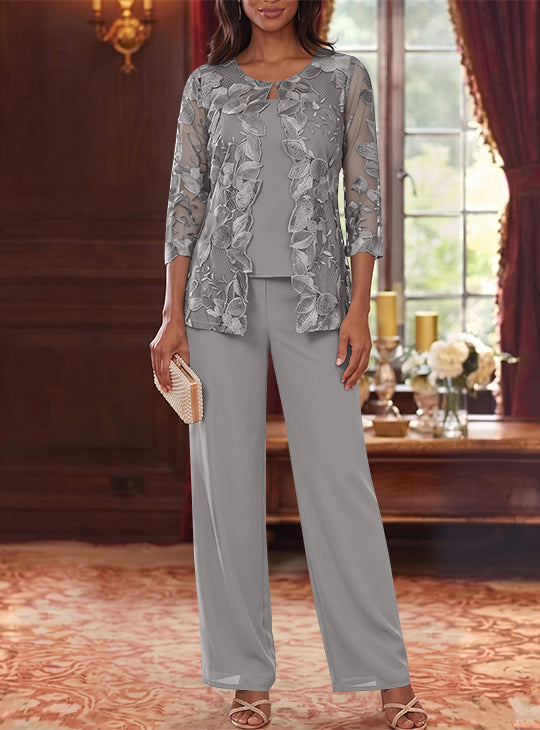 Ensemble 3 Morceaux en Mousseline, Col Rond, Costume-Pantalon pour Mère de la Mariée, avec Veste en Dentelle Fleurie, Longueur Jambière, Manches 3/4