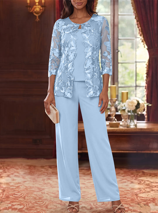 Ensemble 3 Morceaux en Mousseline, Col Rond, Costume-Pantalon pour Mère de la Mariée, avec Veste en Dentelle Fleurie, Longueur Jambière, Manches 3/4