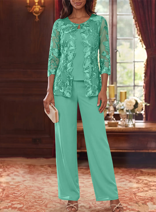 Ensemble 3 Morceaux en Mousseline, Col Rond, Costume-Pantalon pour Mère de la Mariée, avec Veste en Dentelle Fleurie, Longueur Jambière, Manches 3/4