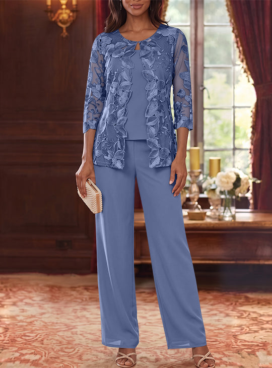 Ensemble 3 Morceaux en Mousseline, Col Rond, Costume-Pantalon pour Mère de la Mariée, avec Veste en Dentelle Fleurie, Longueur Jambière, Manches 3/4