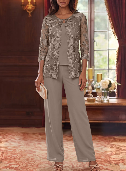 Ensemble 3 Morceaux en Mousseline, Col Rond, Costume-Pantalon pour Mère de la Mariée, avec Veste en Dentelle Fleurie, Longueur Jambière, Manches 3/4