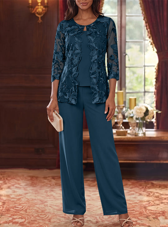 Ensemble 3 Morceaux en Mousseline, Col Rond, Costume-Pantalon pour Mère de la Mariée, avec Veste en Dentelle Fleurie, Longueur Jambière, Manches 3/4