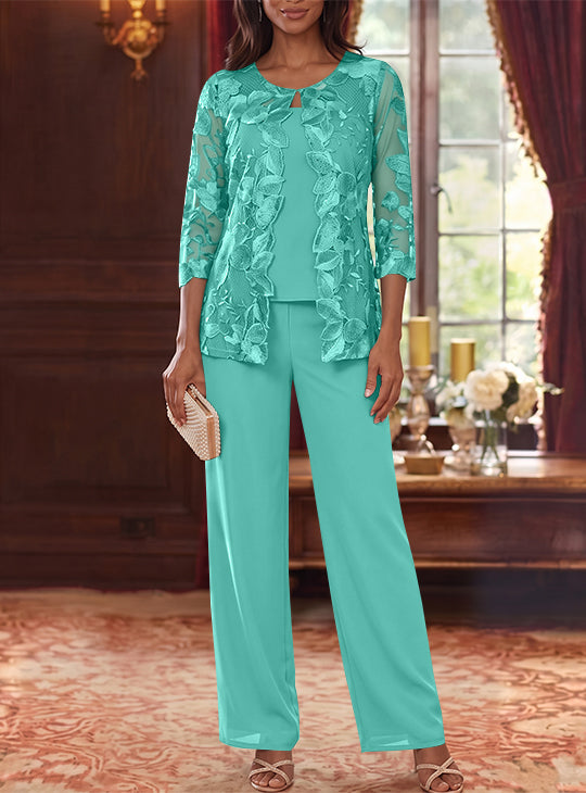 Ensemble 3 Morceaux en Mousseline, Col Rond, Costume-Pantalon pour Mère de la Mariée, avec Veste en Dentelle Fleurie, Longueur Jambière, Manches 3/4