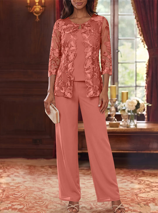 Ensemble 3 Morceaux en Mousseline, Col Rond, Costume-Pantalon pour Mère de la Mariée, avec Veste en Dentelle Fleurie, Longueur Jambière, Manches 3/4
