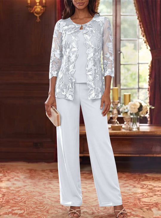 Ensemble 3 Morceaux en Mousseline, Col Rond, Costume-Pantalon pour Mère de la Mariée, avec Veste en Dentelle Fleurie, Longueur Jambière, Manches 3/4