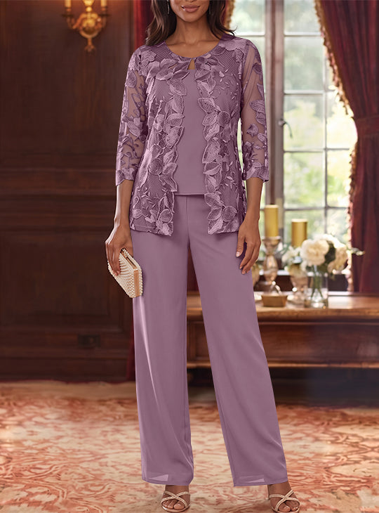 Ensemble 3 Morceaux en Mousseline, Col Rond, Costume-Pantalon pour Mère de la Mariée, avec Veste en Dentelle Fleurie, Longueur Jambière, Manches 3/4