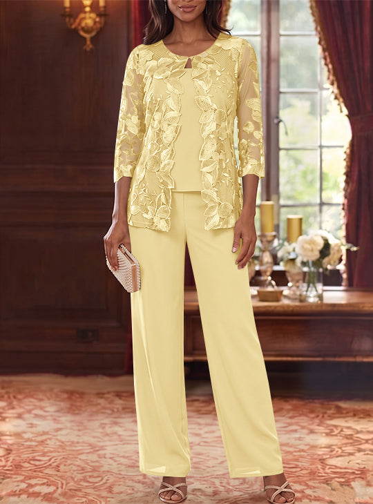 Ensemble 3 Morceaux en Mousseline, Col Rond, Costume-Pantalon pour Mère de la Mariée, avec Veste en Dentelle Fleurie, Longueur Jambière, Manches 3/4